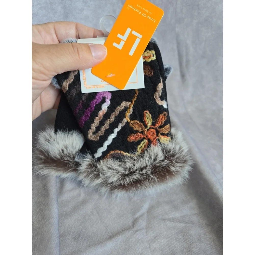 Love For Fashion Fur Trimmed Fingerless Gloves Boho Embroidered Stretch NWT